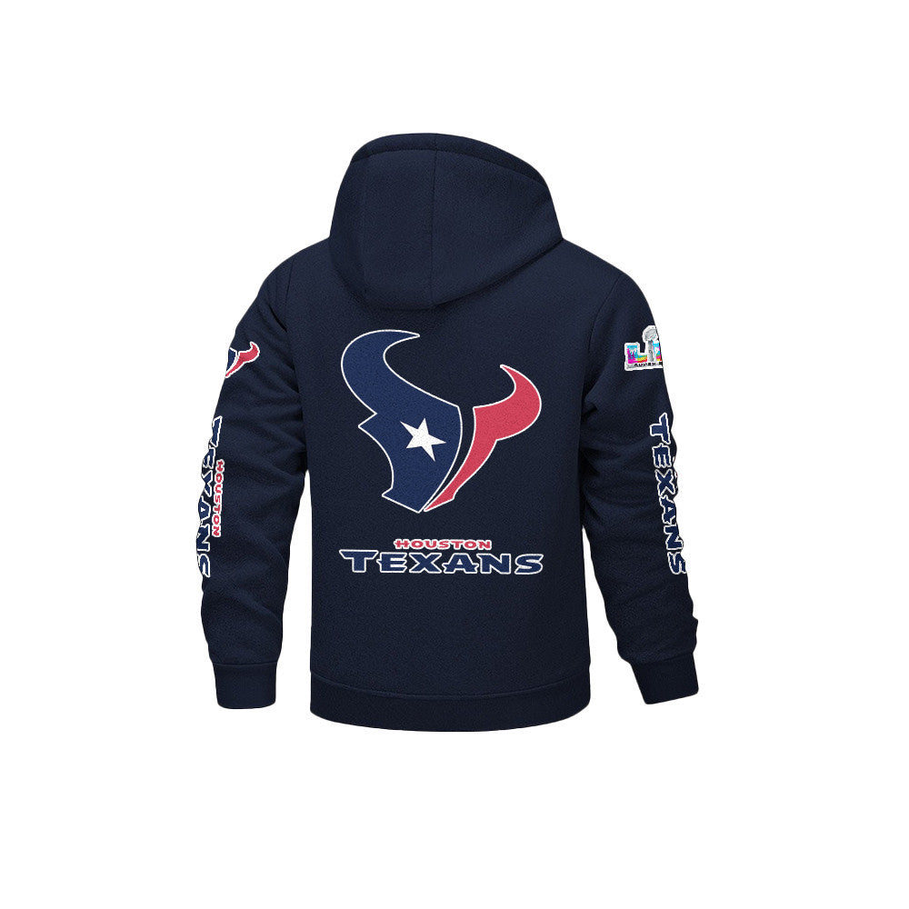 Houston Texans 2026 Super Bowl LX Navy Fleece Zip-Up Jacket – Printed Logos, Personalized Name