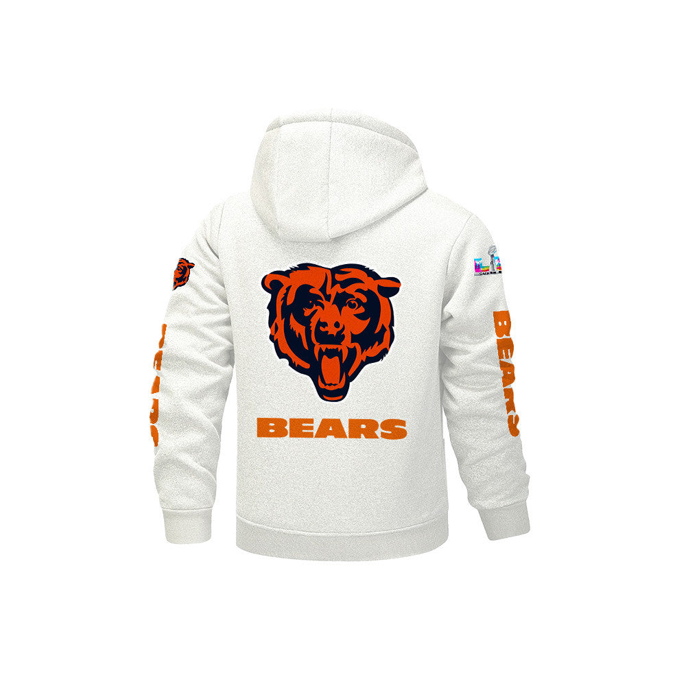 Chicago Bears 2026 Super Bowl LX White Fleece Zip-Up Jacket – Printed Logos, Personalized Name
