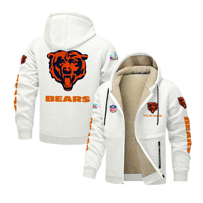 Chicago Bears 2026 Super Bowl LX White Fleece Zip-Up Jacket – Printed Logos, Personalized Name