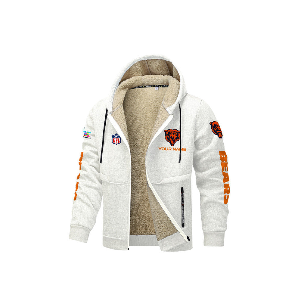 Chicago Bears 2026 Super Bowl LX White Fleece Zip-Up Jacket – Printed Logos, Personalized Name
