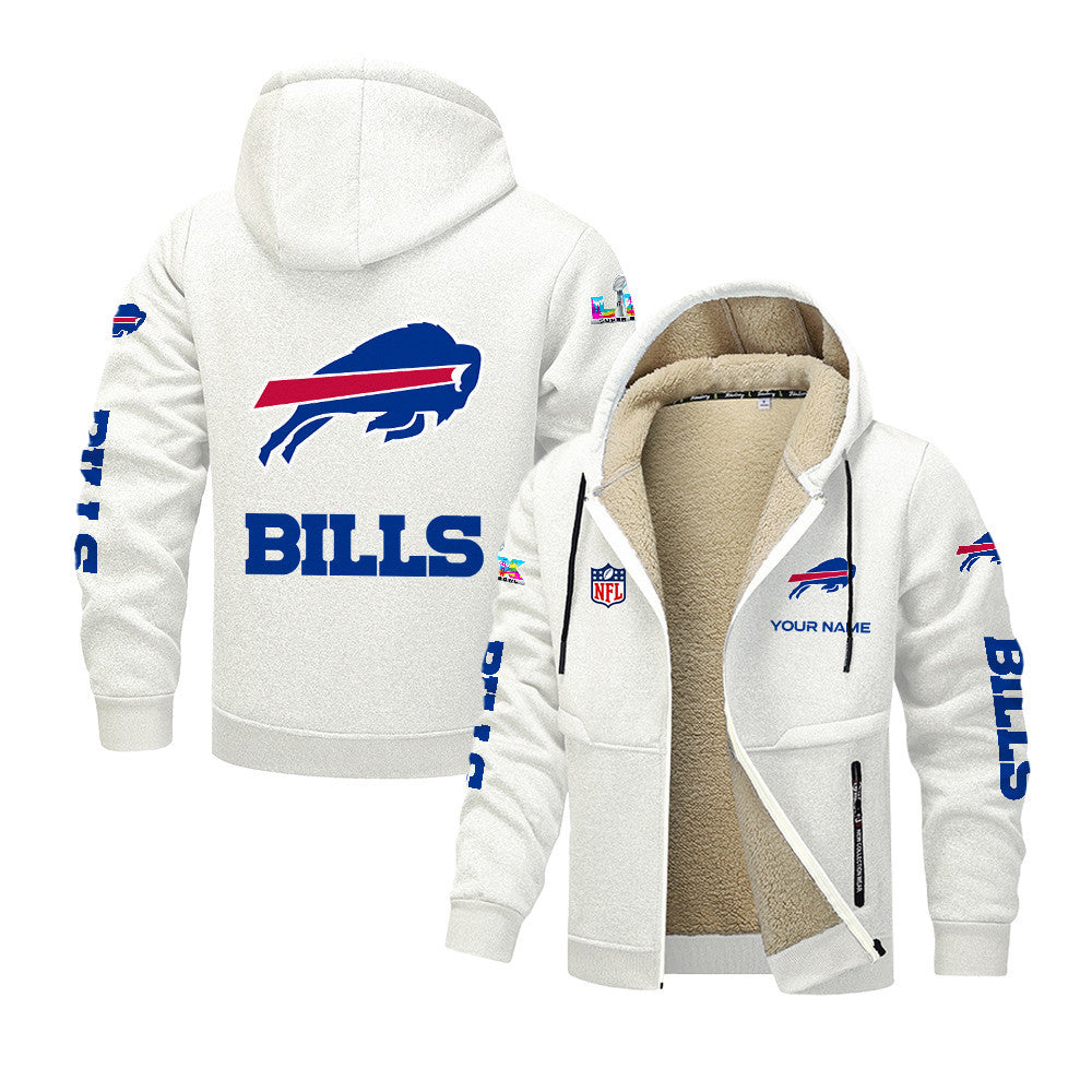 Buffalo Bills 2026 Super Bowl LX White Fleece Zip-Up Jacket – Printed Logos, Personalized Name