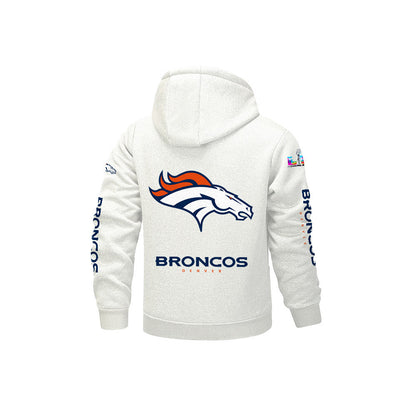 Denver Broncos 2026 Super Bowl LX White Fleece Zip-Up Jacket – Printed Logos, Personalized Name