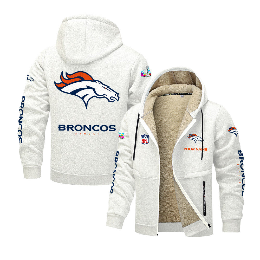 Denver Broncos 2026 Super Bowl LX White Fleece Zip-Up Jacket – Printed Logos, Personalized Name