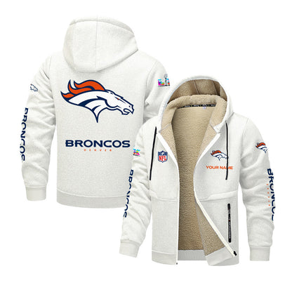 Denver Broncos 2026 Super Bowl LX White Fleece Zip-Up Jacket – Printed Logos, Personalized Name