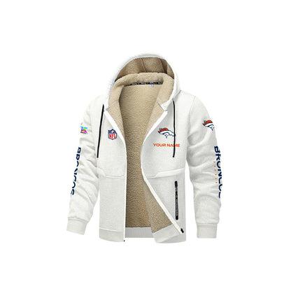 Denver Broncos 2026 Super Bowl LX White Fleece Zip-Up Jacket – Printed Logos, Personalized Name