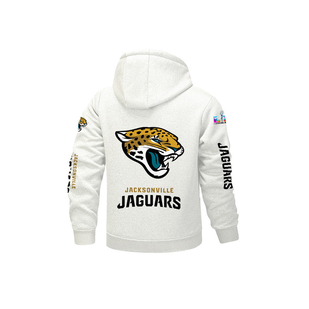 Jacksonville Jaguars 2026 Super Bowl LX White Fleece Zip-Up Jacket – Printed Logos, Personalized Name
