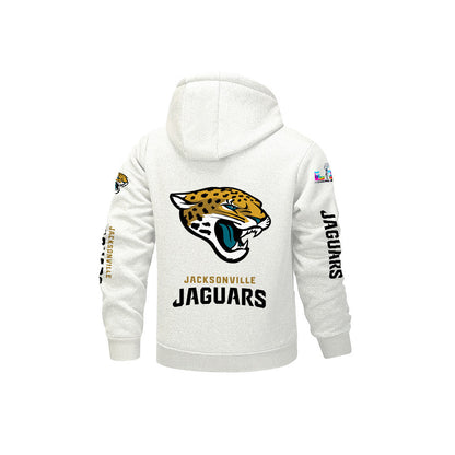Jacksonville Jaguars 2026 Super Bowl LX White Fleece Zip-Up Jacket – Printed Logos, Personalized Name