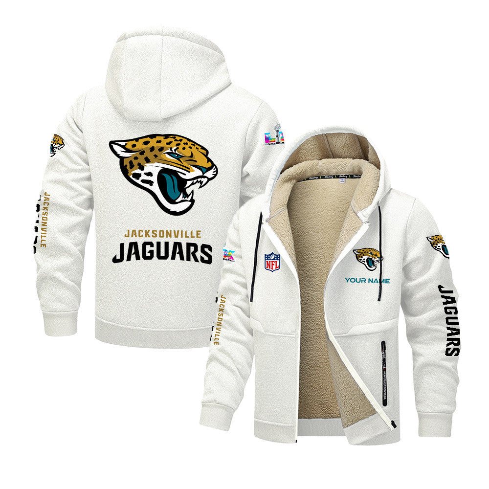 Jacksonville Jaguars 2026 Super Bowl LX White Fleece Zip-Up Jacket – Printed Logos, Personalized Name