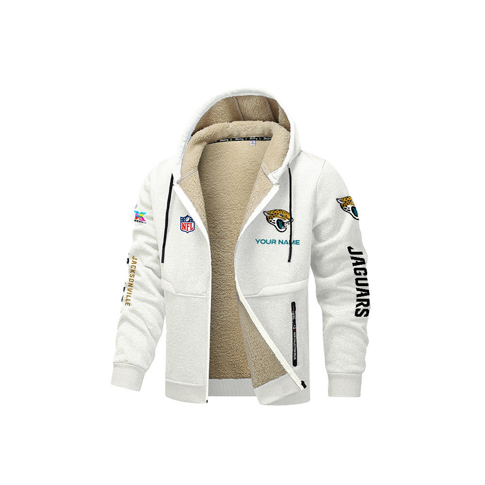 Jacksonville Jaguars 2026 Super Bowl LX White Fleece Zip-Up Jacket – Printed Logos, Personalized Name