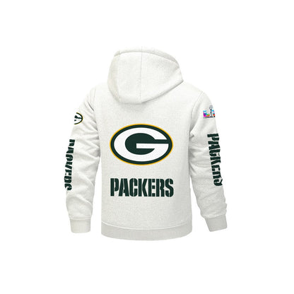 Green Bay Packers 2026 Super Bowl LX White Fleece Zip-Up Jacket – Printed Logos, Personalized Name