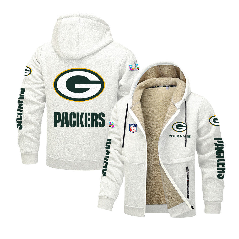 Green Bay Packers 2026 Super Bowl LX White Fleece Zip-Up Jacket – Printed Logos, Personalized Name