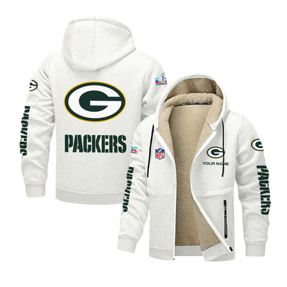 Green Bay Packers 2026 Super Bowl LX White Fleece Zip-Up Jacket – Printed Logos, Personalized Name