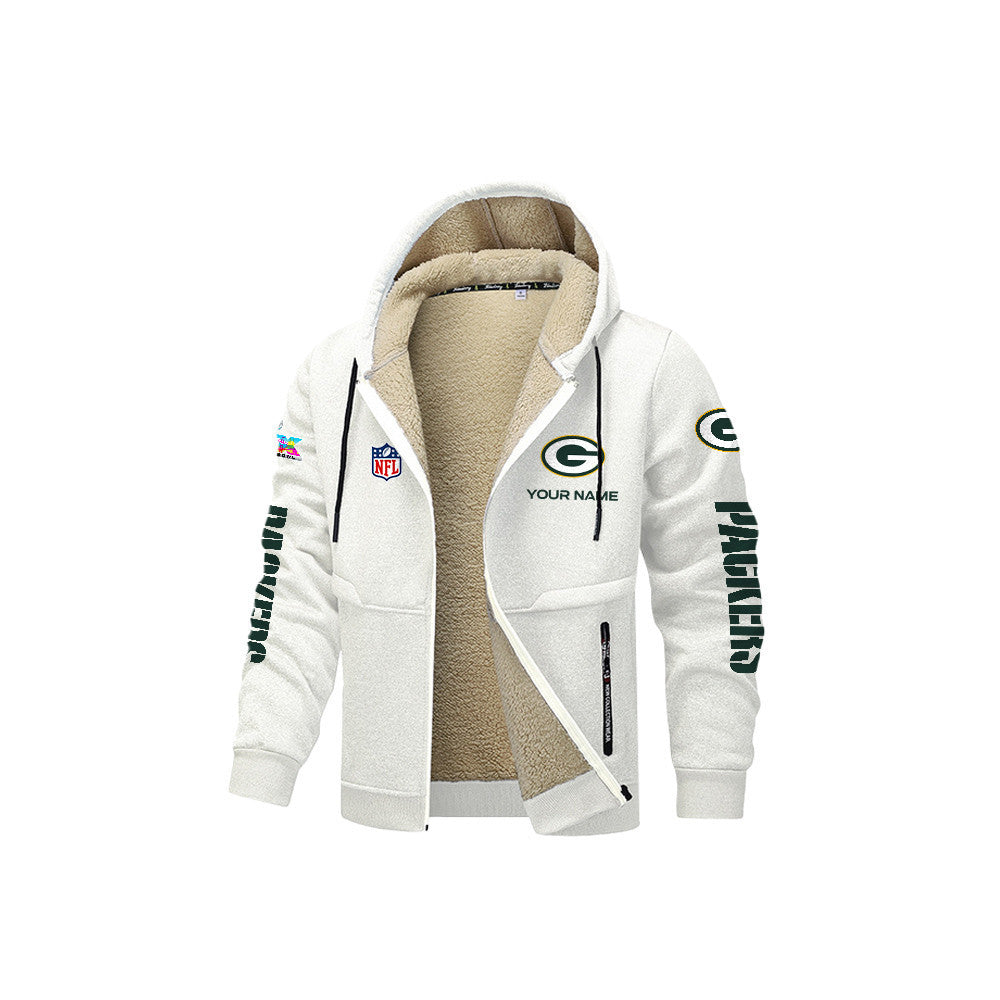 Green Bay Packers 2026 Super Bowl LX White Fleece Zip-Up Jacket – Printed Logos, Personalized Name