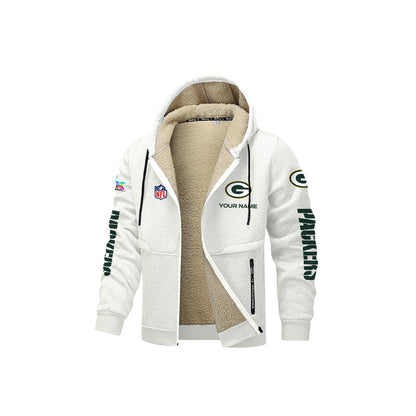 Green Bay Packers 2026 Super Bowl LX White Fleece Zip-Up Jacket – Printed Logos, Personalized Name