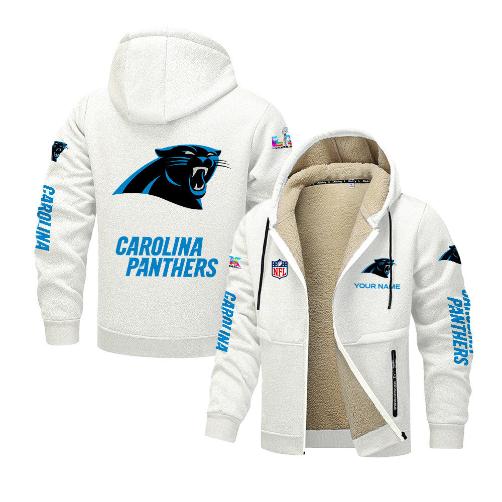 Carolina Panthers 2026 Super Bowl LX White Fleece Zip-Up Jacket – Printed Logos, Personalized Name