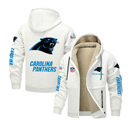 Carolina Panthers 2026 Super Bowl LX White Fleece Zip-Up Jacket – Printed Logos, Personalized Name