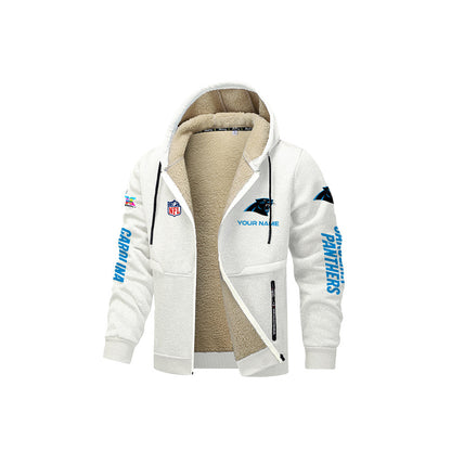 Carolina Panthers 2026 Super Bowl LX White Fleece Zip-Up Jacket – Printed Logos, Personalized Name