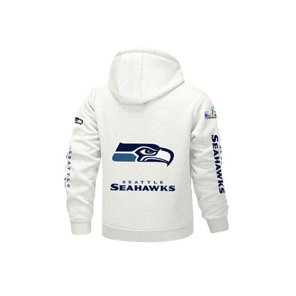 Seattle Seahawks 2026 Super Bowl LX White Fleece Zip-Up Jacket – Printed Logos, Personalized Name
