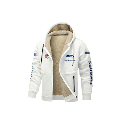 Seattle Seahawks 2026 Super Bowl LX White Fleece Zip-Up Jacket – Printed Logos, Personalized Name