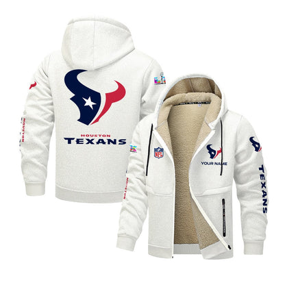 Houston Texans 2026 Super Bowl LX White Fleece Zip-Up Jacket – Printed Logos, Personalized Name