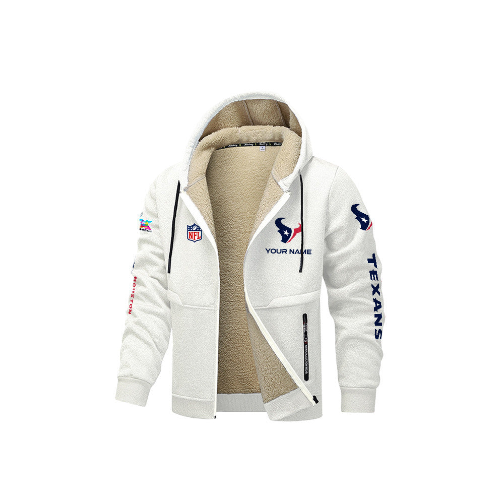 Houston Texans 2026 Super Bowl LX White Fleece Zip-Up Jacket – Printed Logos, Personalized Name