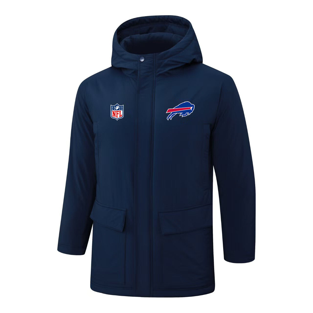 Buffalo Bills Padded Parka Jacket Navy - Heat Printed Logo, Fan Gear