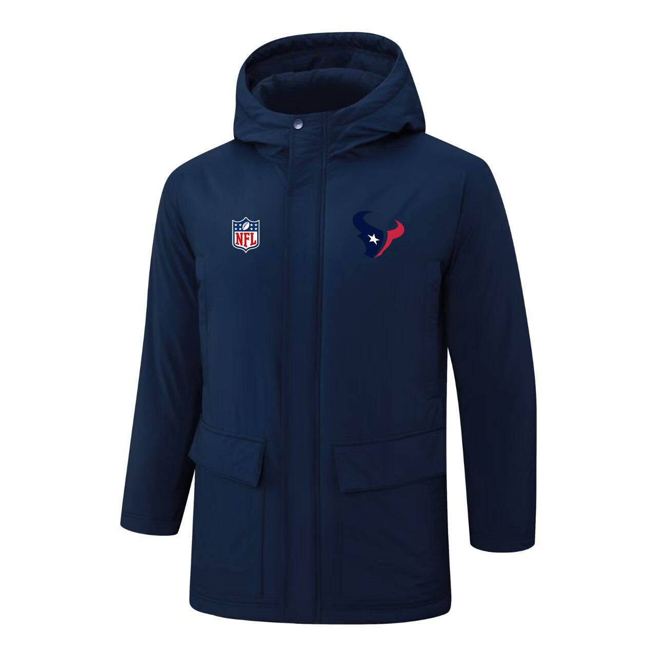 Houston Texans Padded Parka Jacket Navy - Heat Printed Logo, Fan Gear