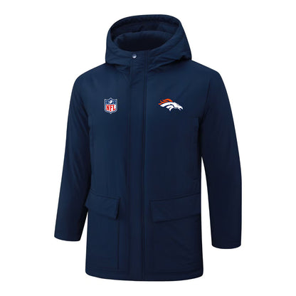 Denver Broncos Padded Parka Jacket Navy - Heat Printed Logo, Fan Gear