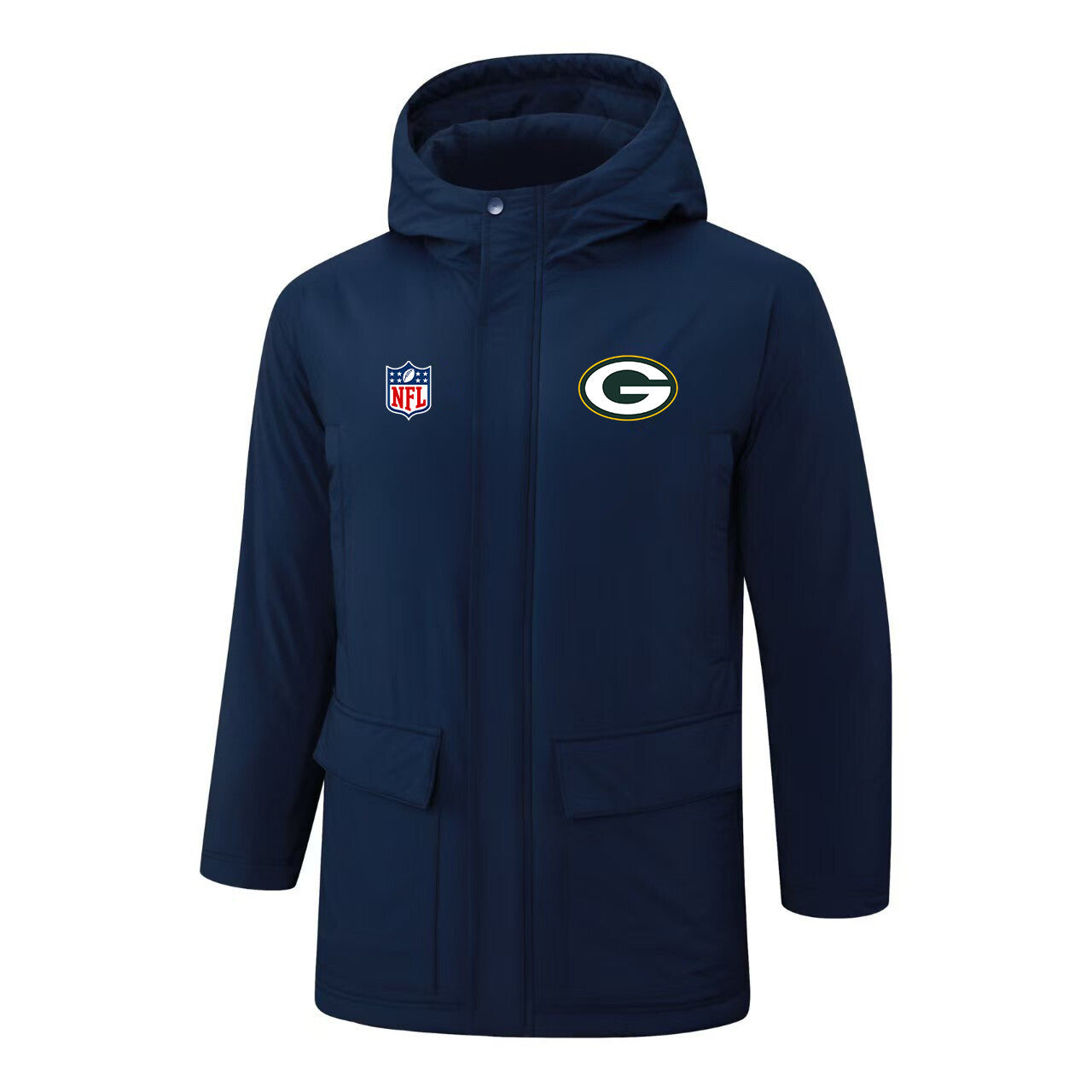 Green Bay Packers Padded Parka Jacket Navy - Heat Printed Logo, Fan Gear
