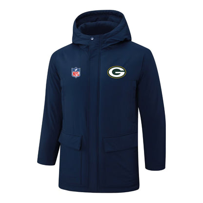 Green Bay Packers Padded Parka Jacket Navy - Heat Printed Logo, Fan Gear