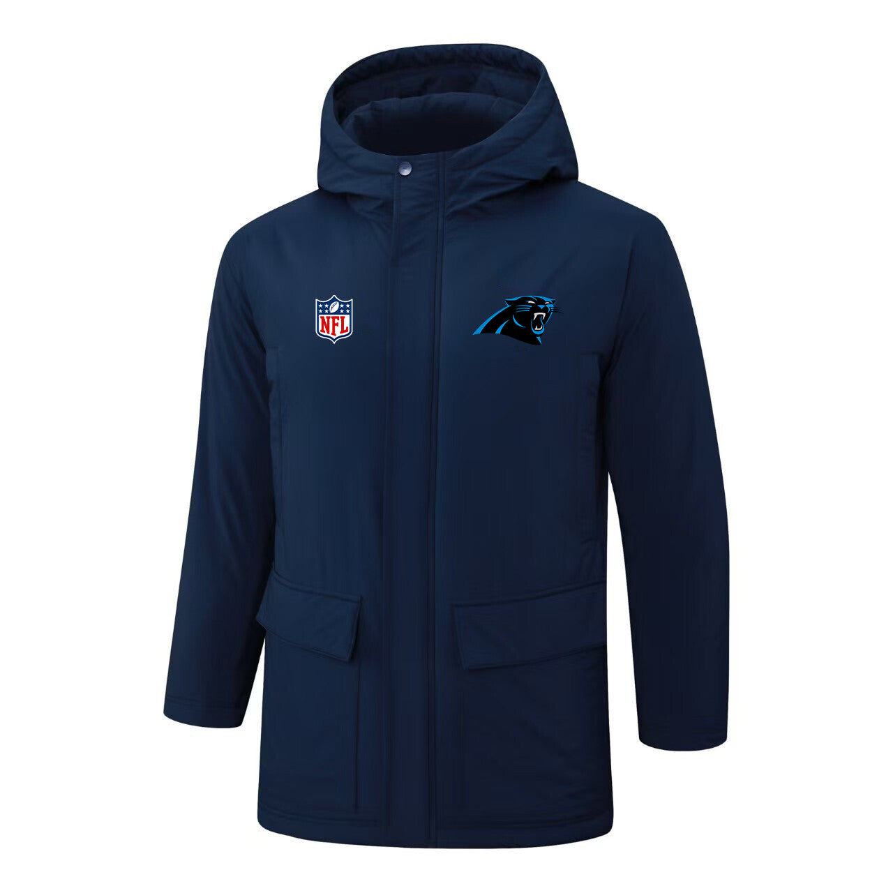 Carolina Panthers Padded Parka Jacket Navy - Heat Printed Logo, Fan Gear