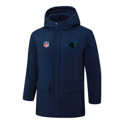 Carolina Panthers Padded Parka Jacket Navy - Heat Printed Logo, Fan Gear