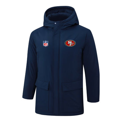 San Francisco 49ers Padded Parka Jacket Navy - Heat Printed Logo, Fan Gear