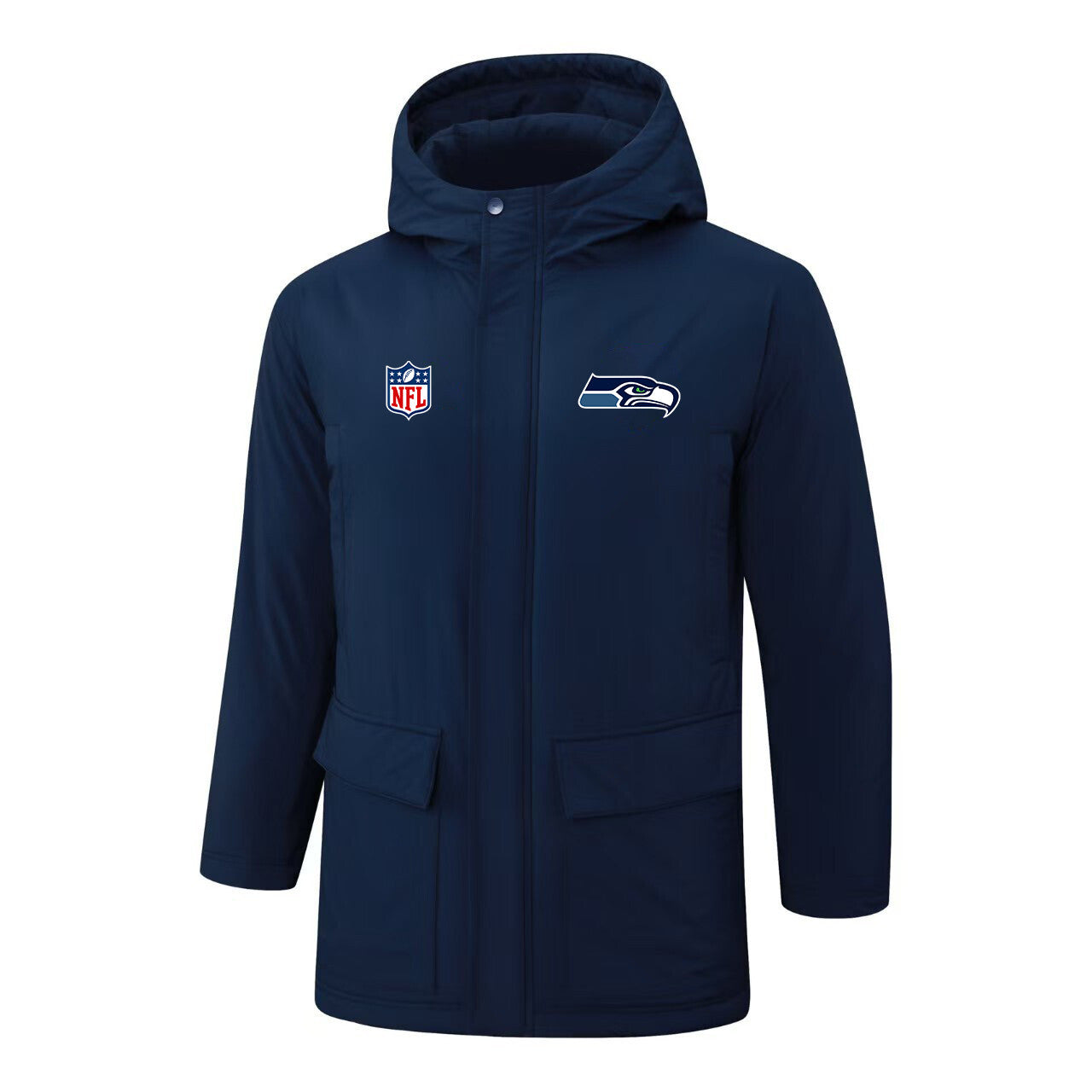 Seattle Seahawks Padded Parka Jacket Navy - Heat Printed Logo, Fan Gear