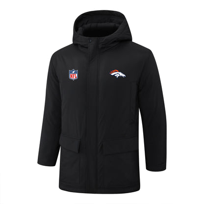 Denver Broncos Padded Parka Jacket Navy - Heat Printed Logo, Fan Gear