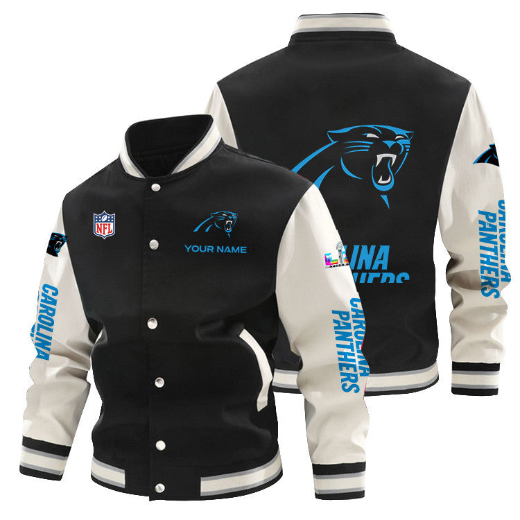 Carolina Panthers 2026 Super Bowl LX All-Over Print Baseball Jacket – Black