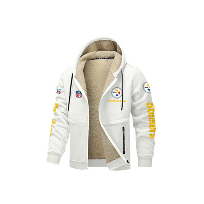 Pittsburgh Steelers 2026 Super Bowl LX White Fleece Zip-Up Jacket – Printed Logos, Personalized Name