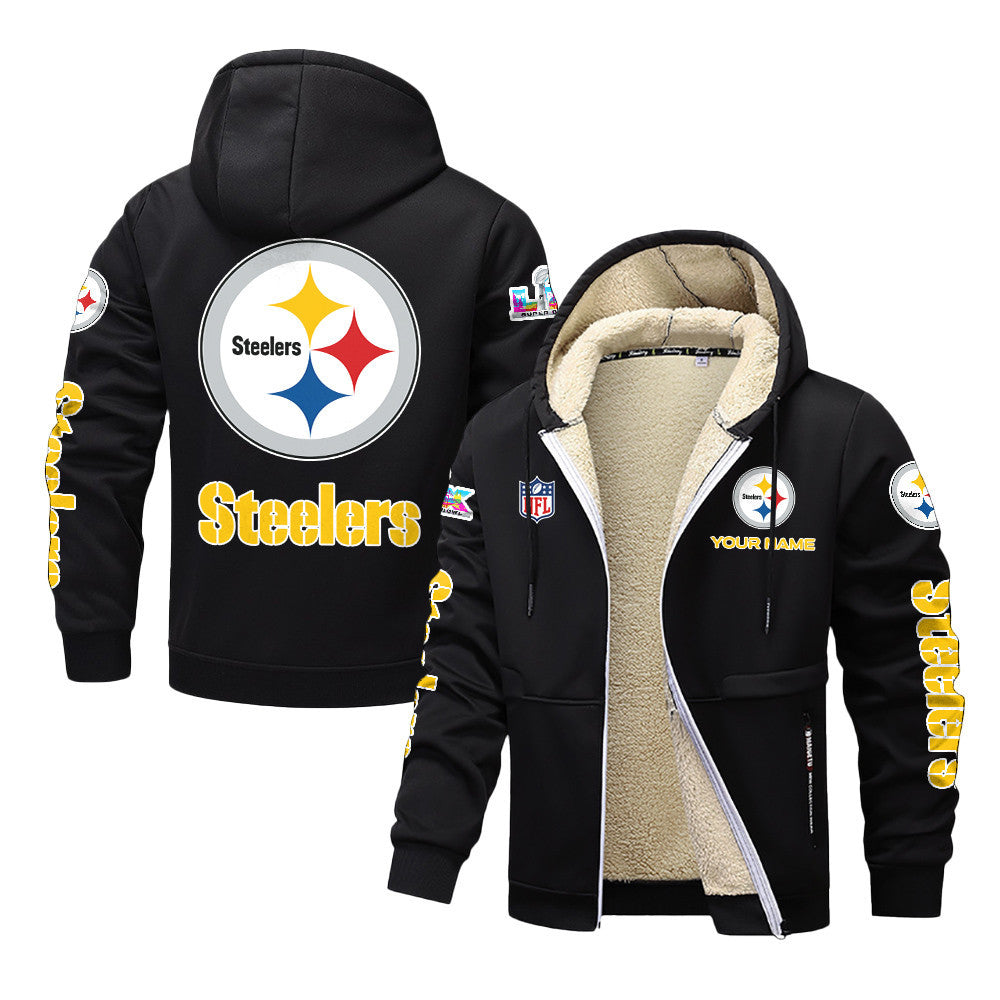 Pittsburgh Steelers 2026 Super Bowl LX Black Fleece Zip-Up Jacket – Printed Logos, Personalized Name