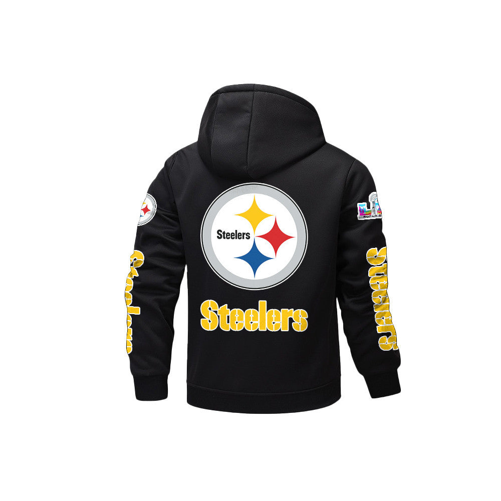 Pittsburgh Steelers 2026 Super Bowl LX Black Fleece Zip-Up Jacket – Printed Logos, Personalized Name