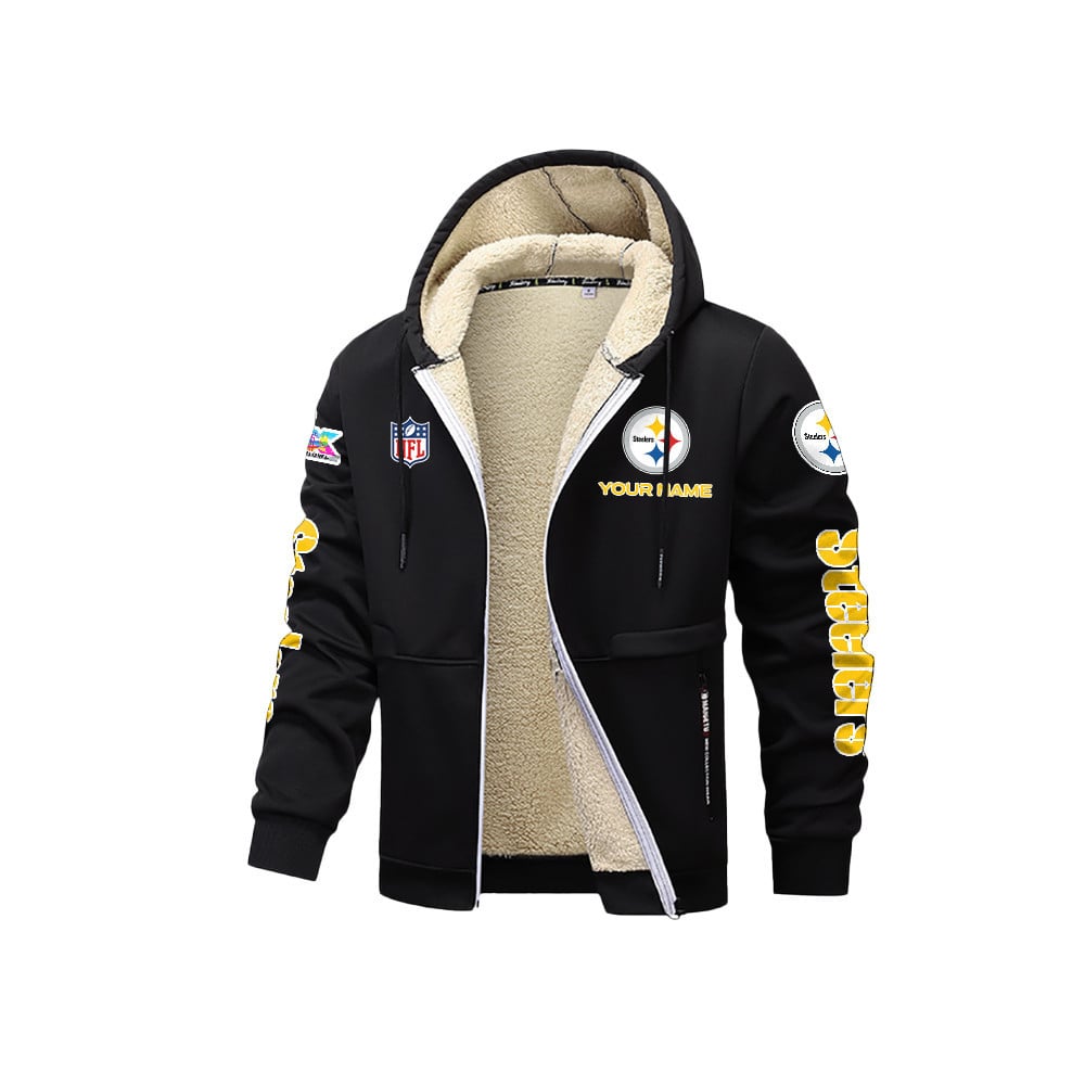 Pittsburgh Steelers 2026 Super Bowl LX Black Fleece Zip-Up Jacket – Printed Logos, Personalized Name