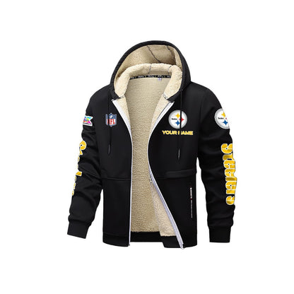 Pittsburgh Steelers 2026 Super Bowl LX Black Fleece Zip-Up Jacket – Printed Logos, Personalized Name