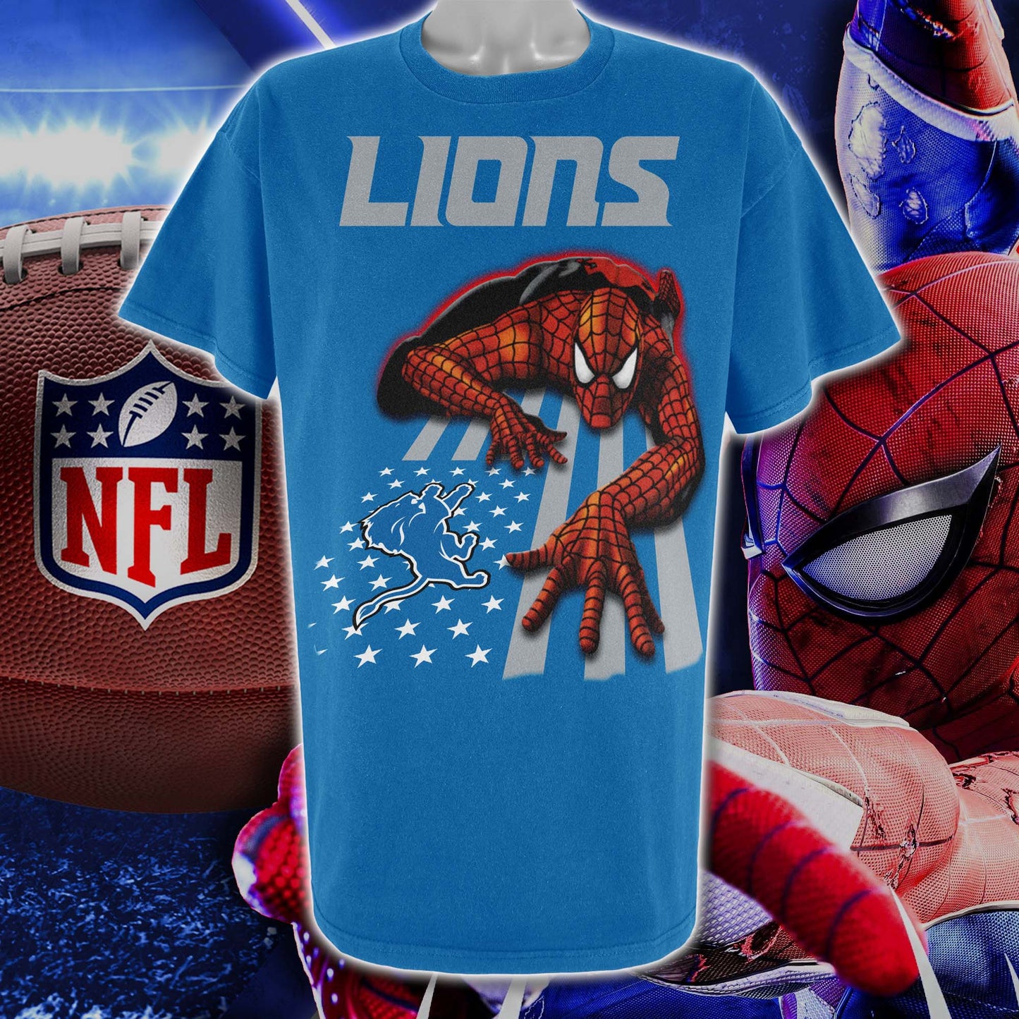 Detroit Lions & Spiderman America Flag T-Shirt