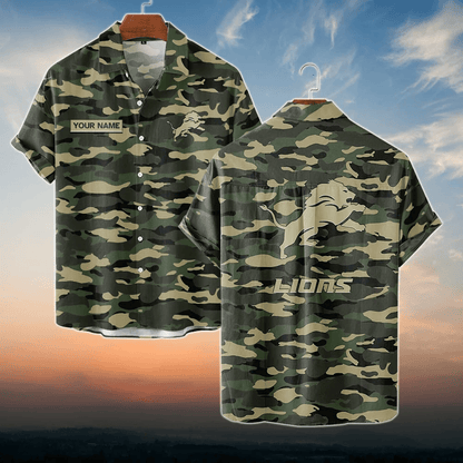 Detroit Lions NFL Dark Camo Custom Name Hawaiian Shirt
