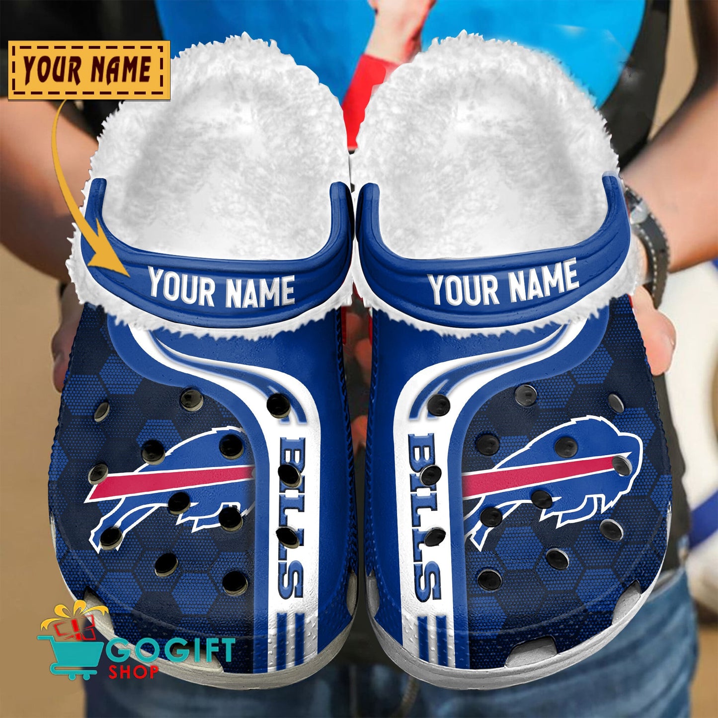 Buffalo Bills Honeycomb Pattern Custom Name Fleece Crocs Clogs Shoes
