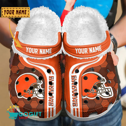 Cleveland Browns Honeycomb Pattern Custom Name Fleece Crocs Clogs Shoes