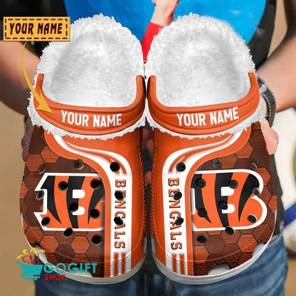 Cincinnati Bengals Honeycomb Pattern Custom Name Fleece Crocs Clogs Shoes