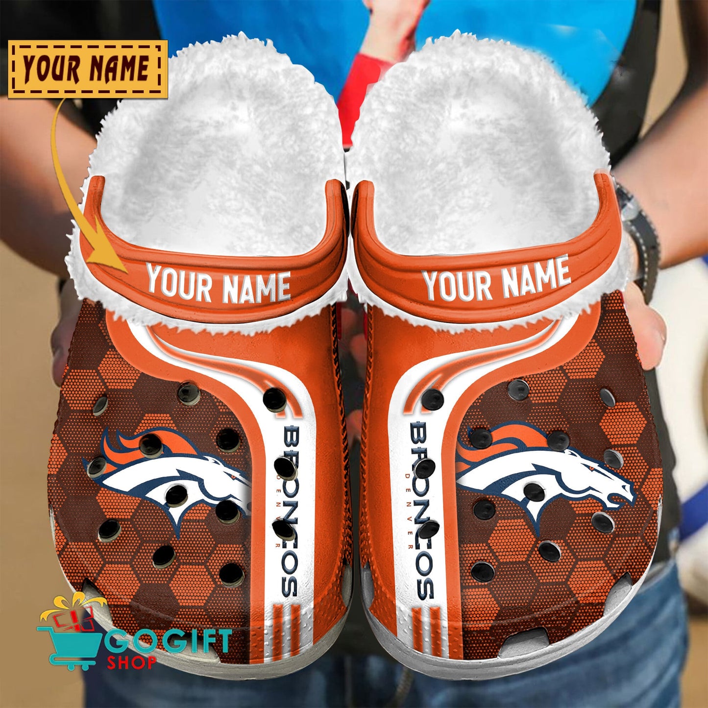 Denver Broncos Honeycomb Pattern Custom Name Fleece Crocs Clogs Shoes