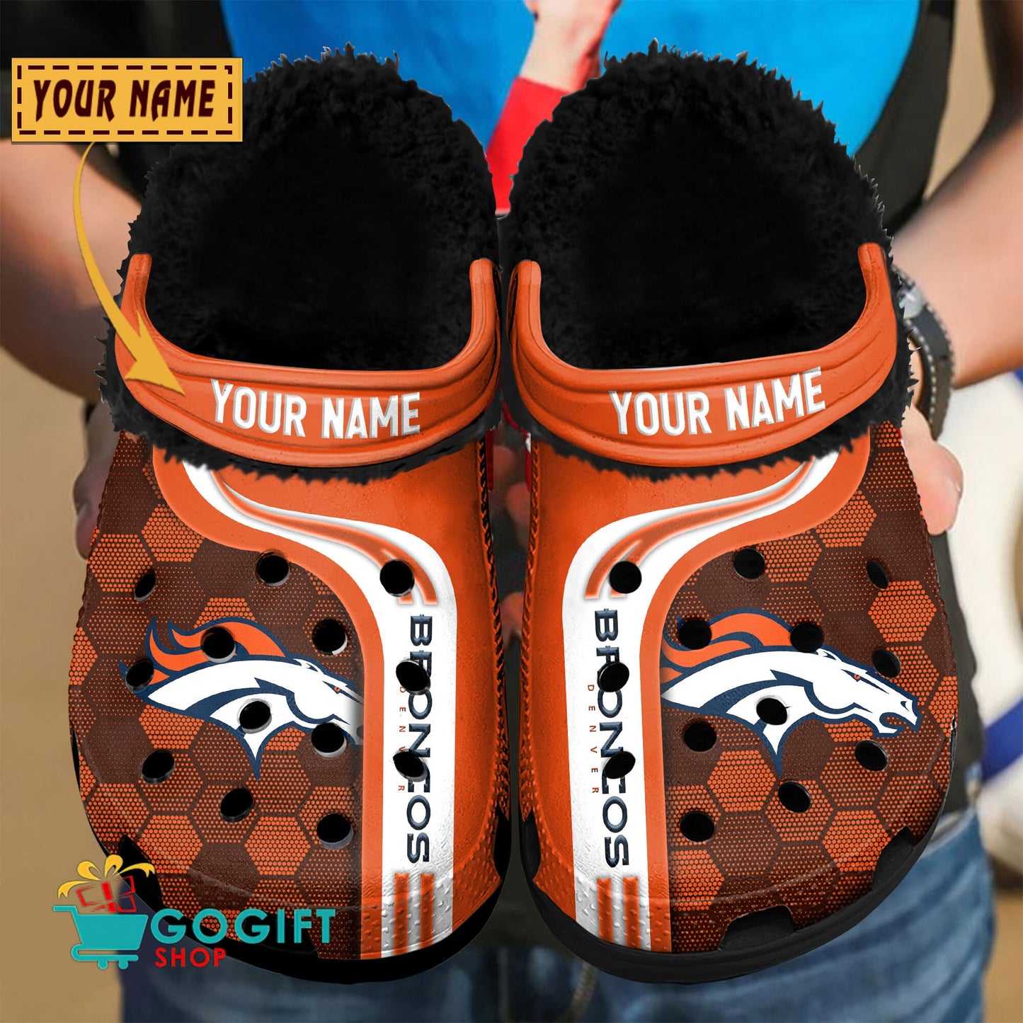 Denver Broncos Honeycomb Pattern Custom Name Fleece Crocs Clogs Shoes