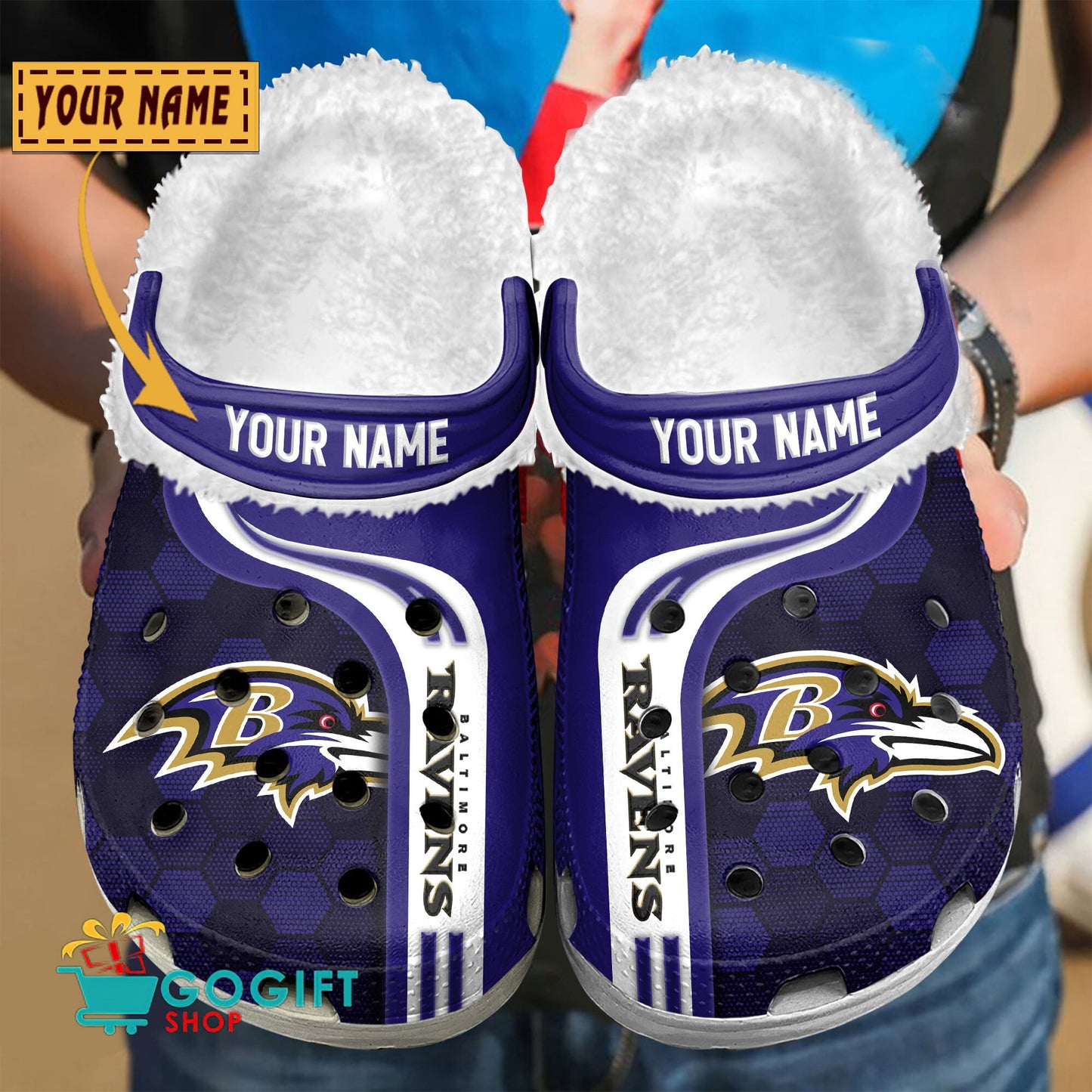 Baltimore Ravens Honeycomb Pattern Custom Name Fleece Crocs Clogs Shoes