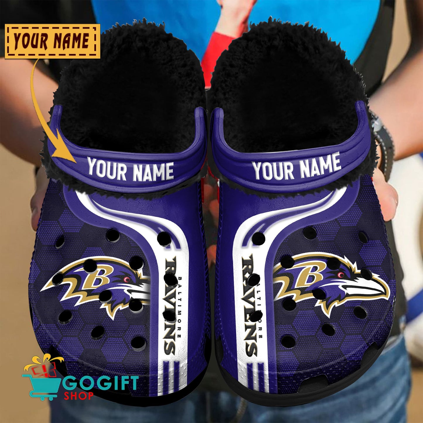 Baltimore Ravens Honeycomb Pattern Custom Name Fleece Crocs Clogs Shoes